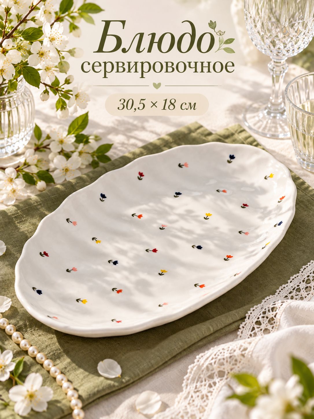 Блюдо сервировочное 30,5х18 см, "Уютный дом. Тюльпаны", керамическое