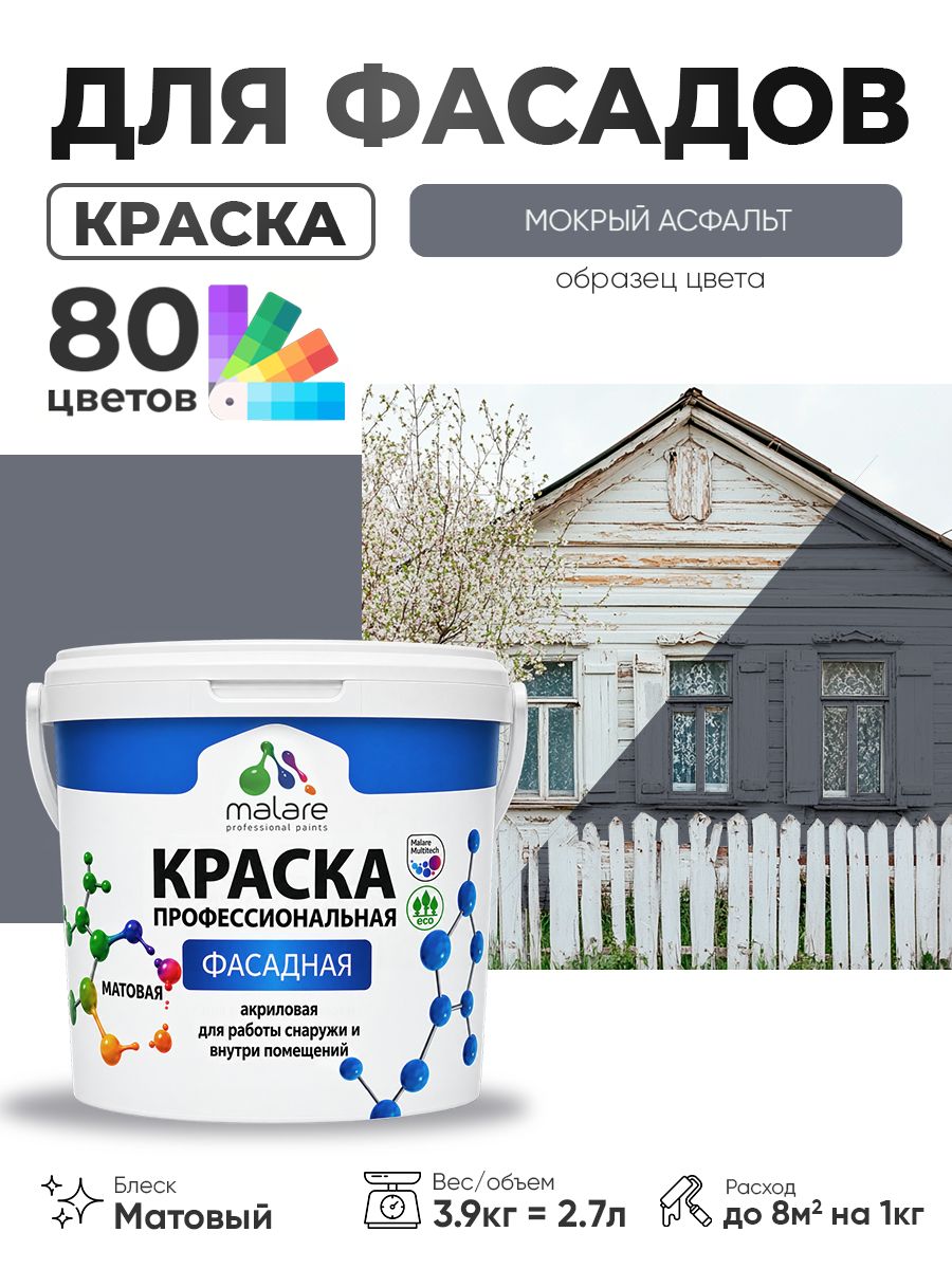 Краска фасадная для наружных работ Malare Professional для дерева по бетону, для минеральных поверхностей, акриловая быстросохнущая без запаха, матовая, мокрый асфальт, (2.7л - 3.9кг)