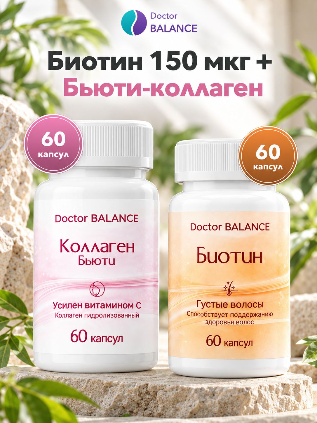 Набор Doctor Balance: Биотин 150 мкг 60 + Бьюти-коллаген для кожи, волос и ногтей 60