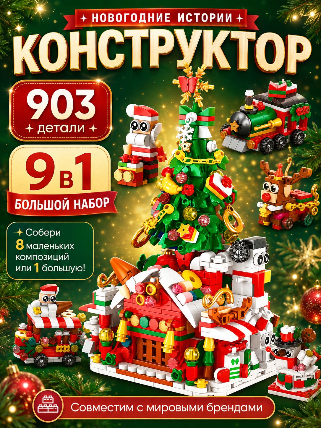 Конструктор детский "Новогодние истории. Большой набор" / 9 в 1, 903 детали / подарок ребенку