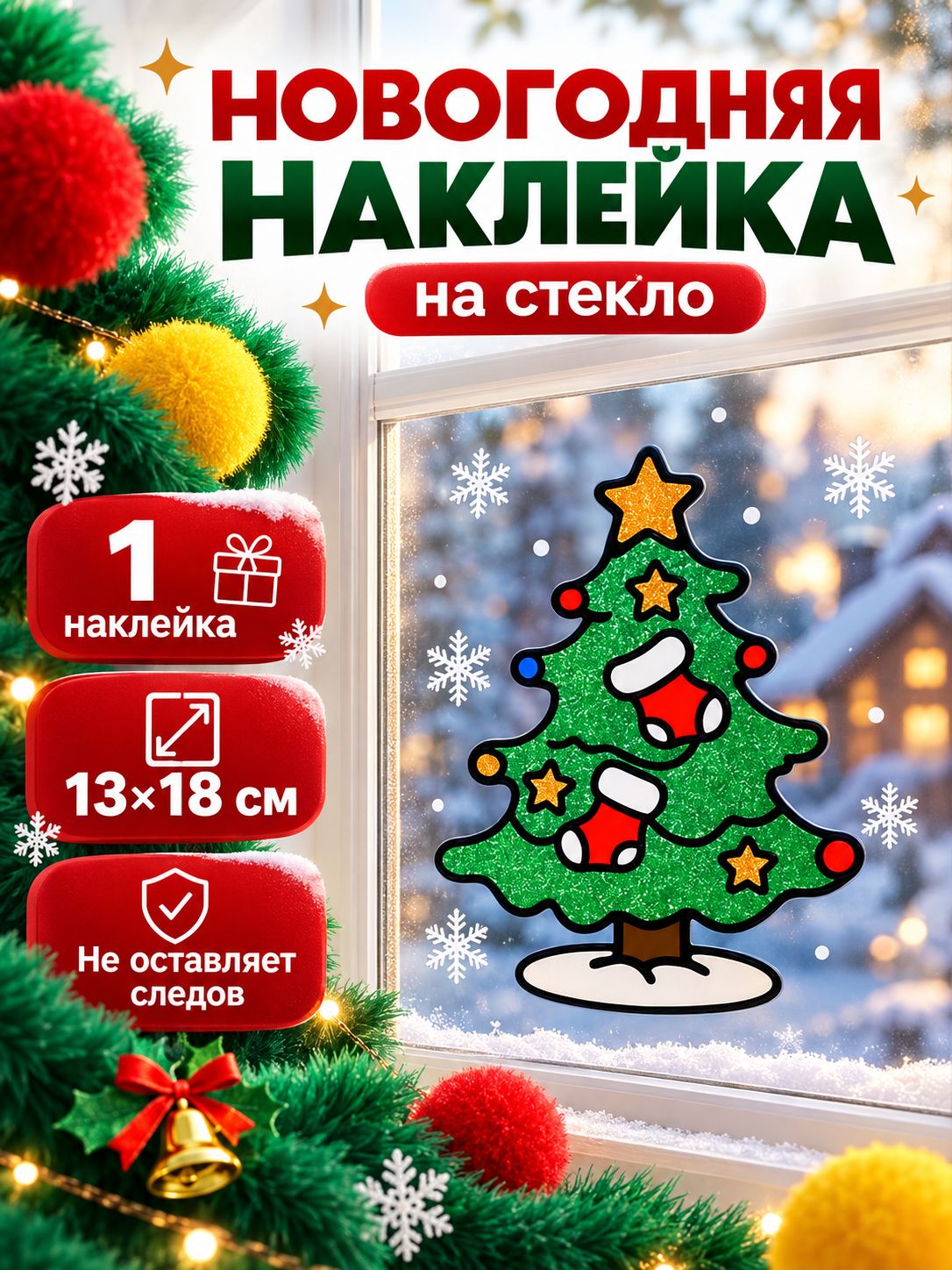 Оконная новогодняя наклейка, Ёлочка с носочками, декор на стекло 13x18 см