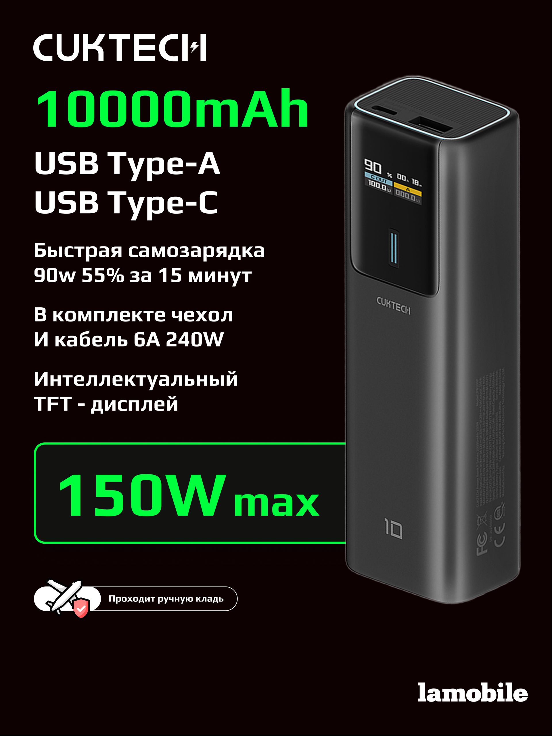 Внешний аккумулятор Power Bank CUKTECH PB100P 10000mAh (Black)