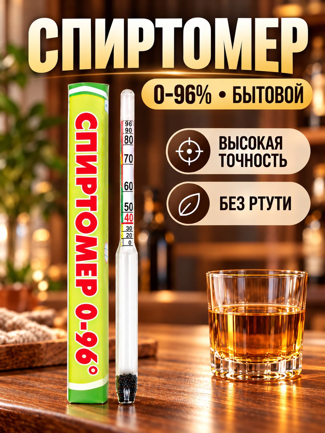 Спиртометр для самогона,14 см, бытовой, капиллярный, 0-96%