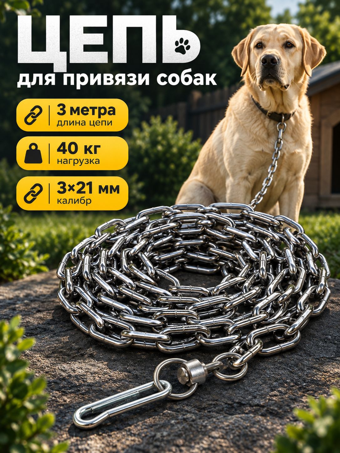 Цепь для собак привязочная, 3 м, металлическая, с карабином