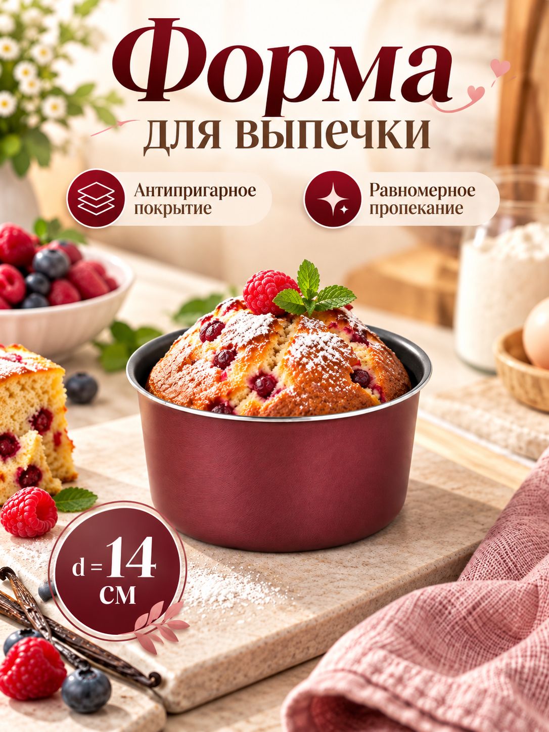 Форма для выпечки, диаметр 14 см, антипригарное покрытие, цвет бордовый