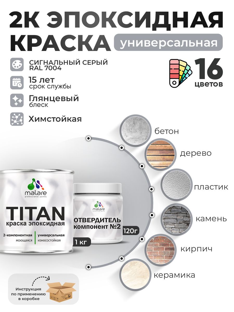 2К Эпоксидная краска Malare TITAN универсальная, двухкомпонентная влагостойкая высокопрочная износостойкая, RAL 7004 сигнальный серый, глянцевая, (1 кг + 0,12кг отвердитель)