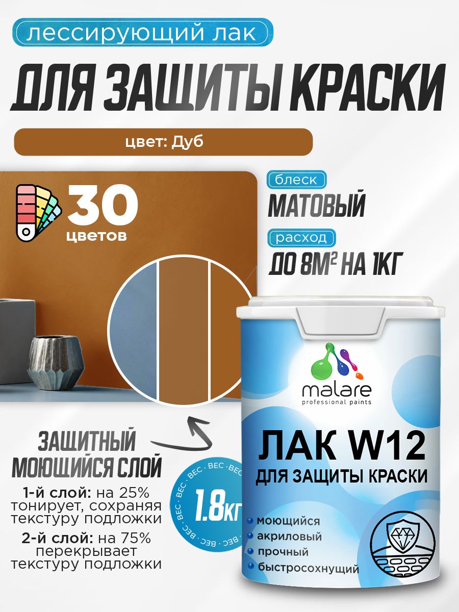 Лак колерованный тонирующий для защиты акриловых красок Malare W12 моющийся универсальный быстросохнущий экологичный, матовый, дуб, 1.8 кг.