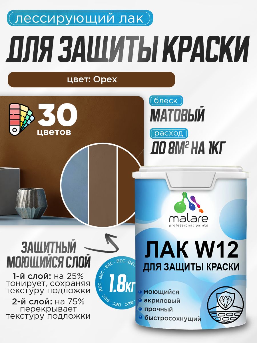 Лак колерованный тонирующий для защиты акриловых красок Malare W12 моющийся универсальный быстросохнущий экологичный, матовый, орех, 1.8 кг.