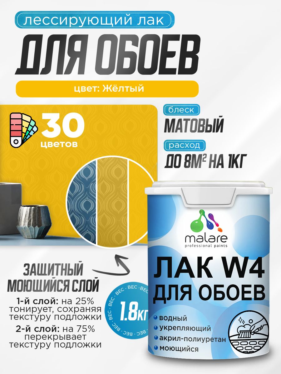 Лак колерованный тонирующий для защиты обоев Malare W4 универсальный для дерева и минеральных поверхностей, водный без запаха быстросохнущий, матовый, желтый, 1.8 кг.