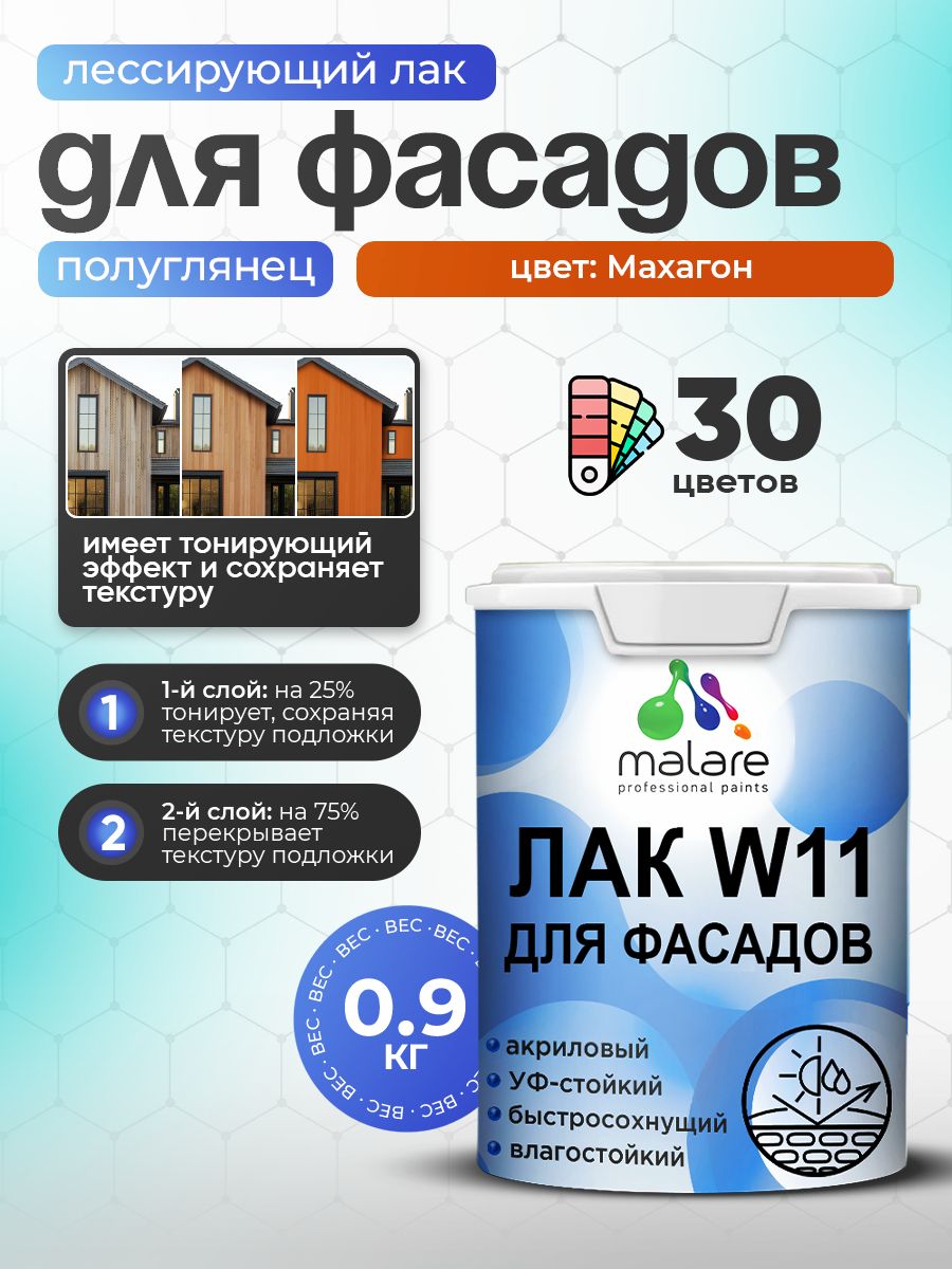 Лак колерованный тонирующий фасадный Malare W11 для защиты фасадов зданий, для дерева, камня и кирпича, быстросохнущий влагостойкий экологичный, полуглянцевый, махагон, 0.9 кг.