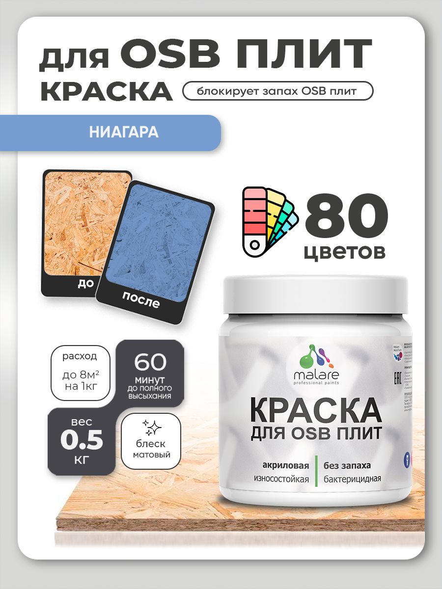 Акриловая краска для ОСБ плит Malare для дерева для наружных и внутренних работ, быстросохнущая без запаха матовая, ниагара, 0.5 кг