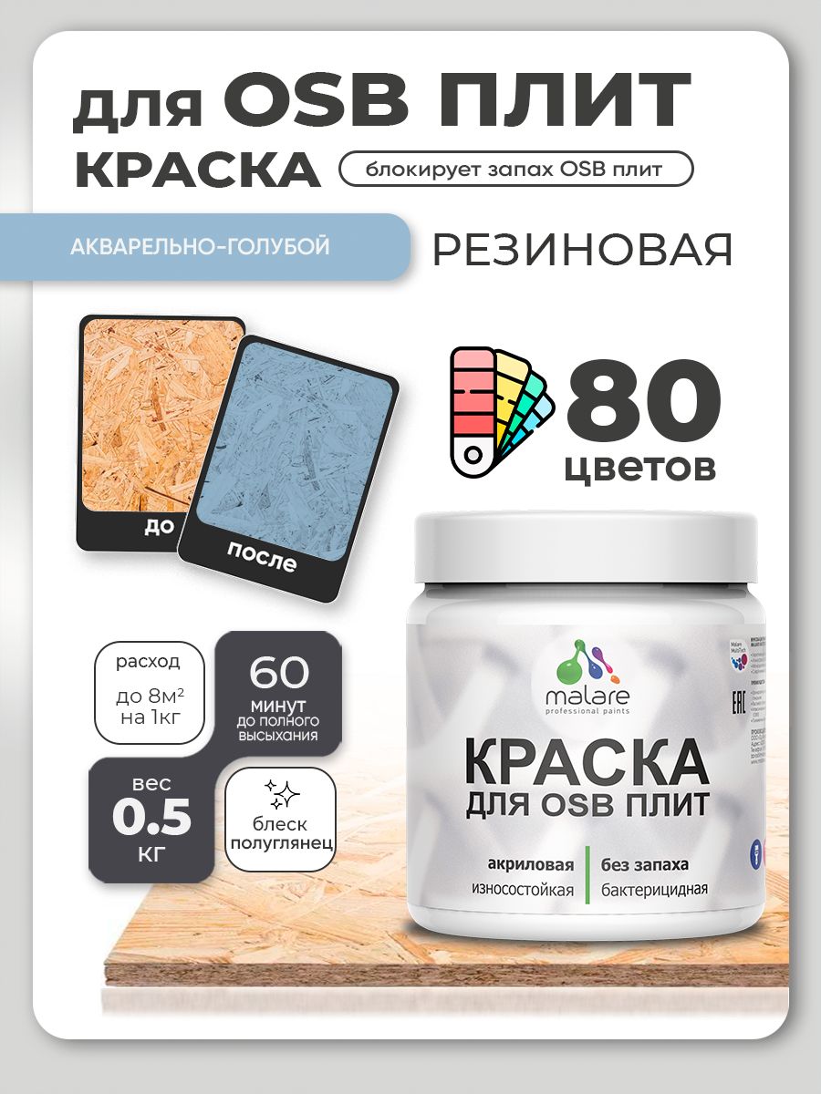 Резиновая краска для ОСБ плит Malare акриловая краска для дерева для наружных и внутренних работ, быстросохнущая без запаха полуглянцевая, акварельно-голубой, 0.5 кг