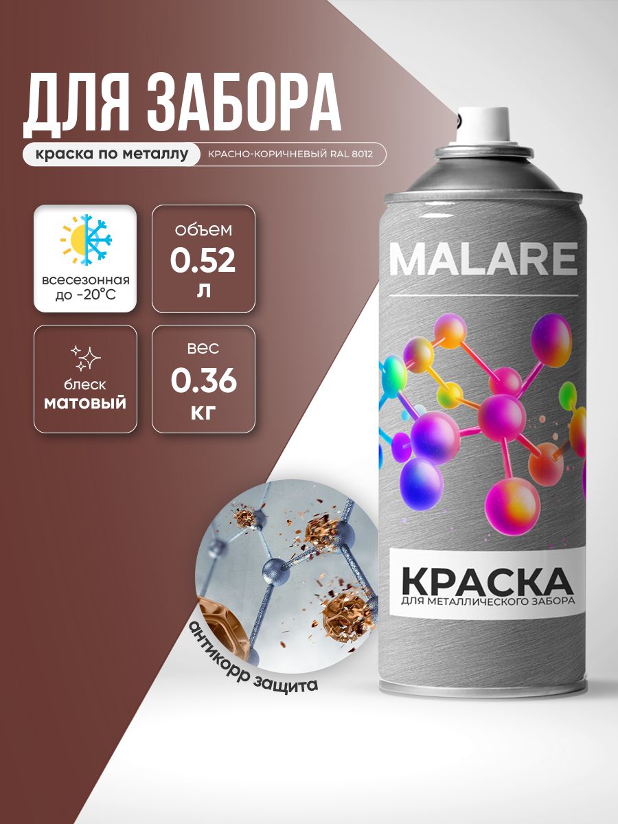 Аэрозольная краска по металлу Malare для крыш и заборов по ржавчине, для наружных работ, быстросохнущая износостойкая, матовый, красно-коричневый, 520 мл