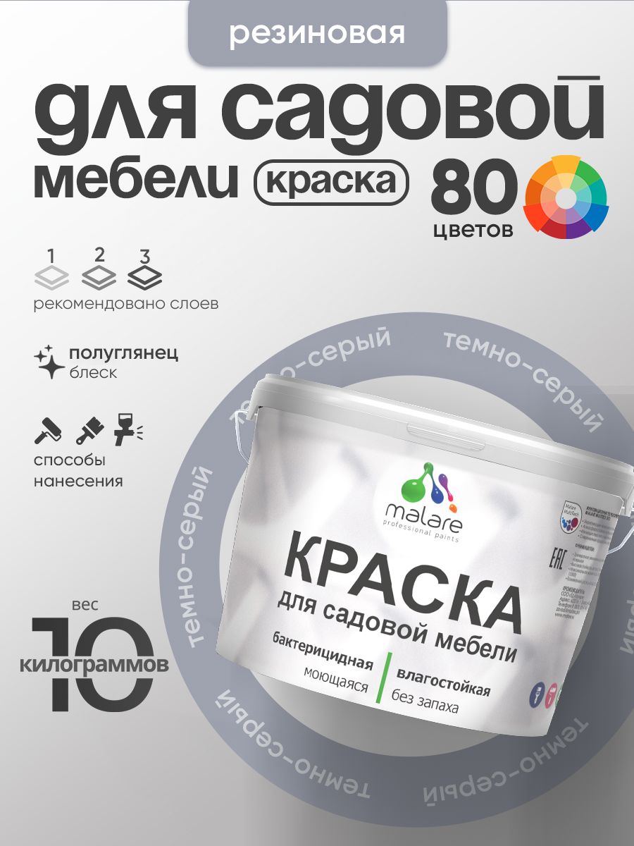 Резиновая краска Malare для садовой мебели/ по дереву, для наружных и внутренних работ/ быстросохнущая моющаяся без запаха полуглянцевая, темно-серый, 10 кг