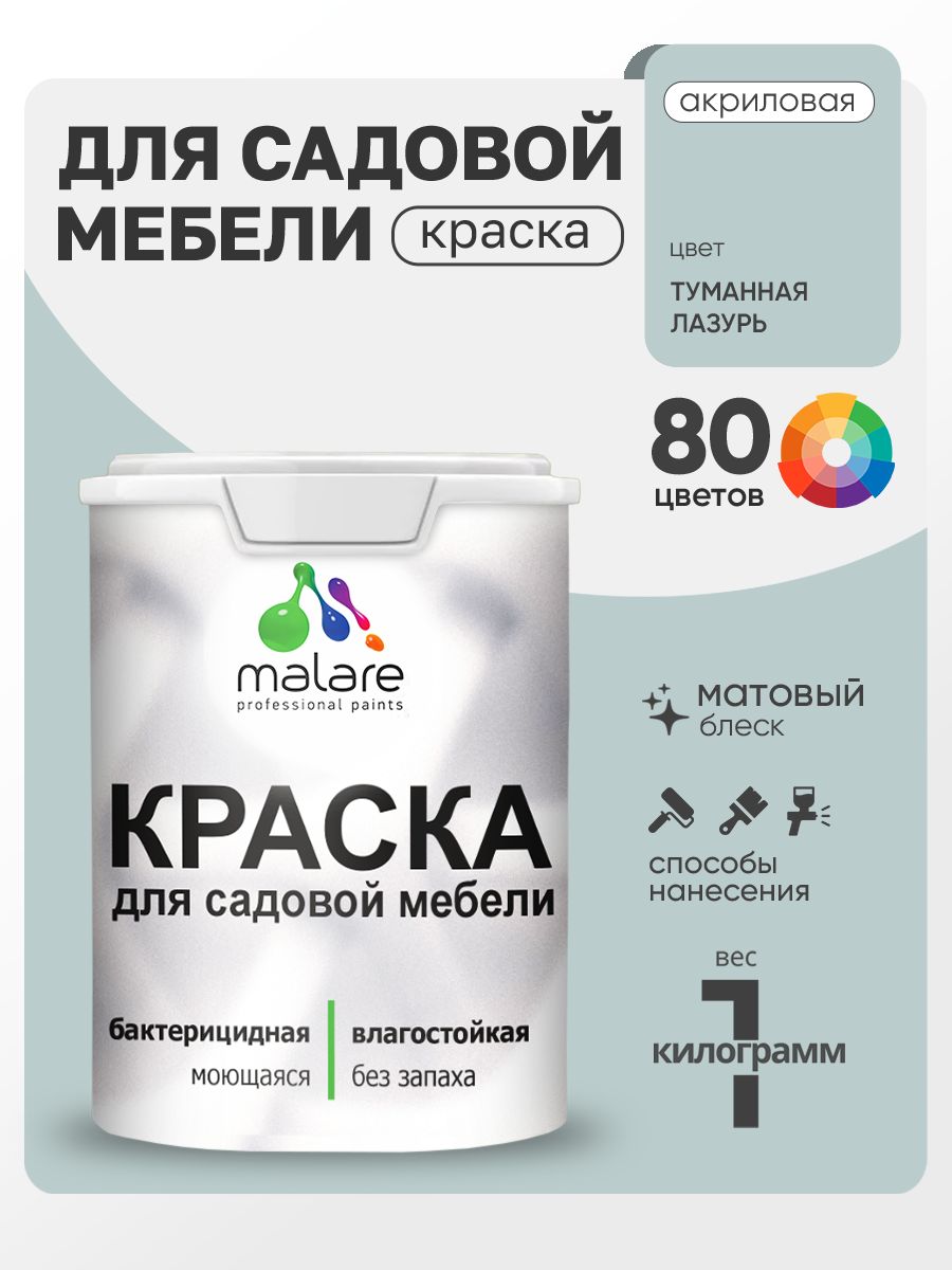 Акриловая краска Malare для садовой мебели/ по дереву, для наружных и внутренних работ/ быстросохнущая моющаяся без запаха матовая, туманная лазурь, 1 кг