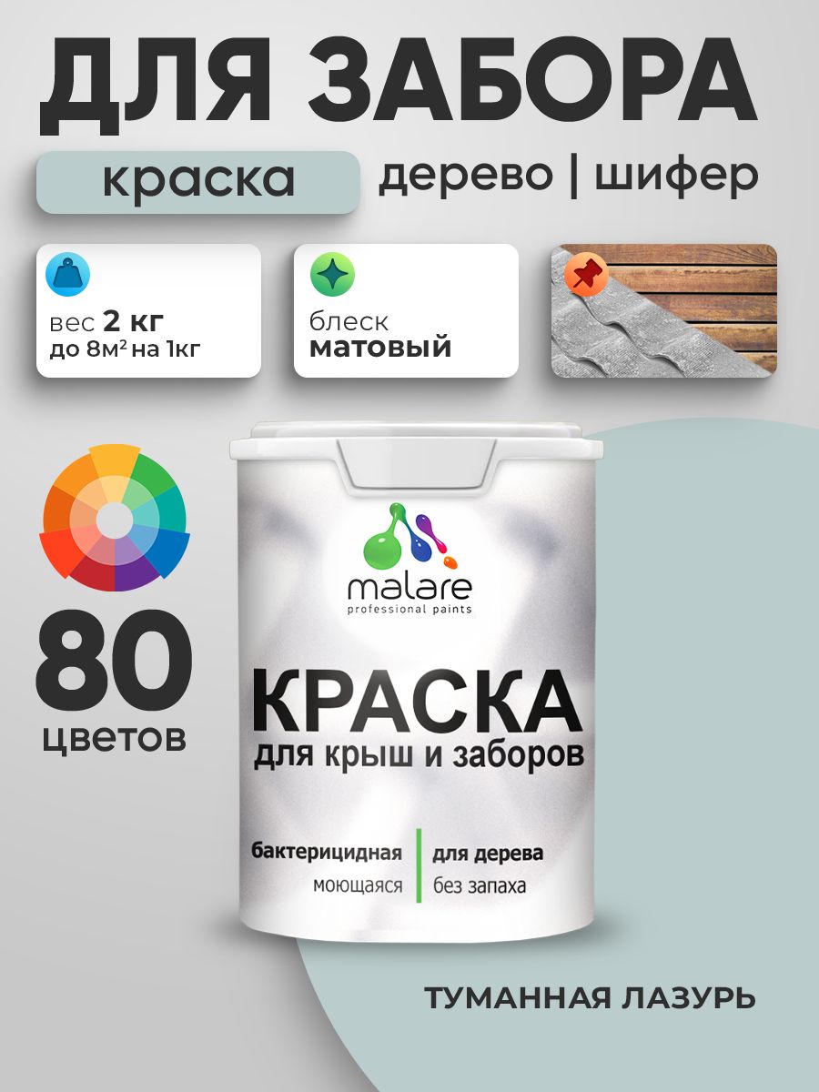 Акриловая краска Malare для деревянного забора/ по дереву для наружных и внутренних работ/ быстросохнущая моющаяся без запаха, матовая, туманная лазурь, 2 кг.