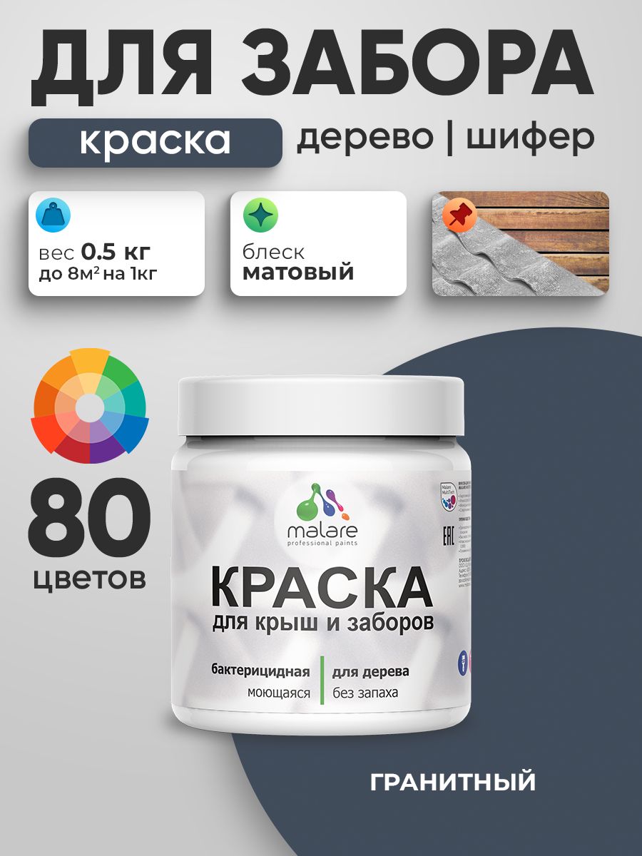 Акриловая краска Malare для деревянного забора/ по дереву для наружных и внутренних работ/ быстросохнущая моющаяся без запаха, матовая, гранитный, 0.5 кг.