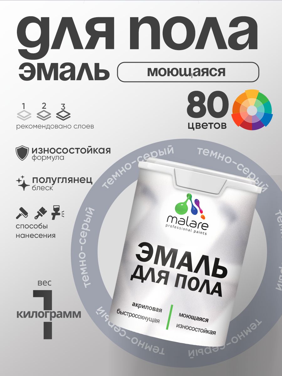 Эмаль для пола акриловая Malare краска для бетонных полов по дереву/ износостойкая без запаха, быстросохнущая моющаяся полуглянцевая, темно-серая, 1 кг