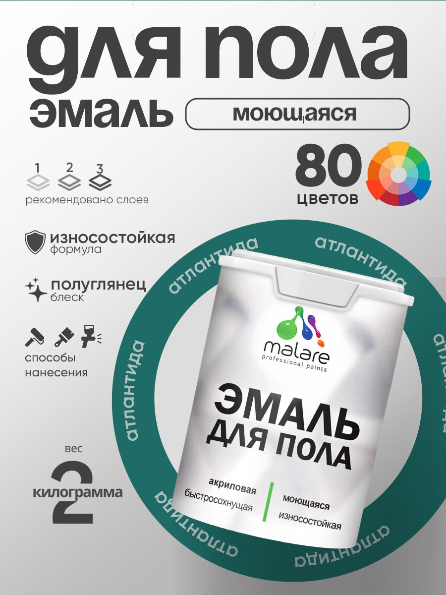 Эмаль для пола акриловая Malare краска для бетонных полов по дереву/ износостойкая без запаха, быстросохнущая моющаяся полуглянцевая, атлантида, 2 кг
