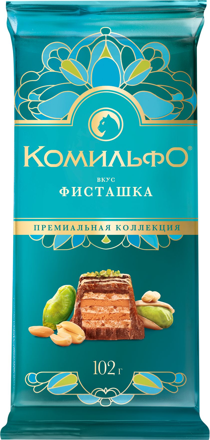 Молочный и белый шоколад с вафлей, со вкусом фисташки, декорированный фисташкой и арахисом, 102 г, Комильфо
