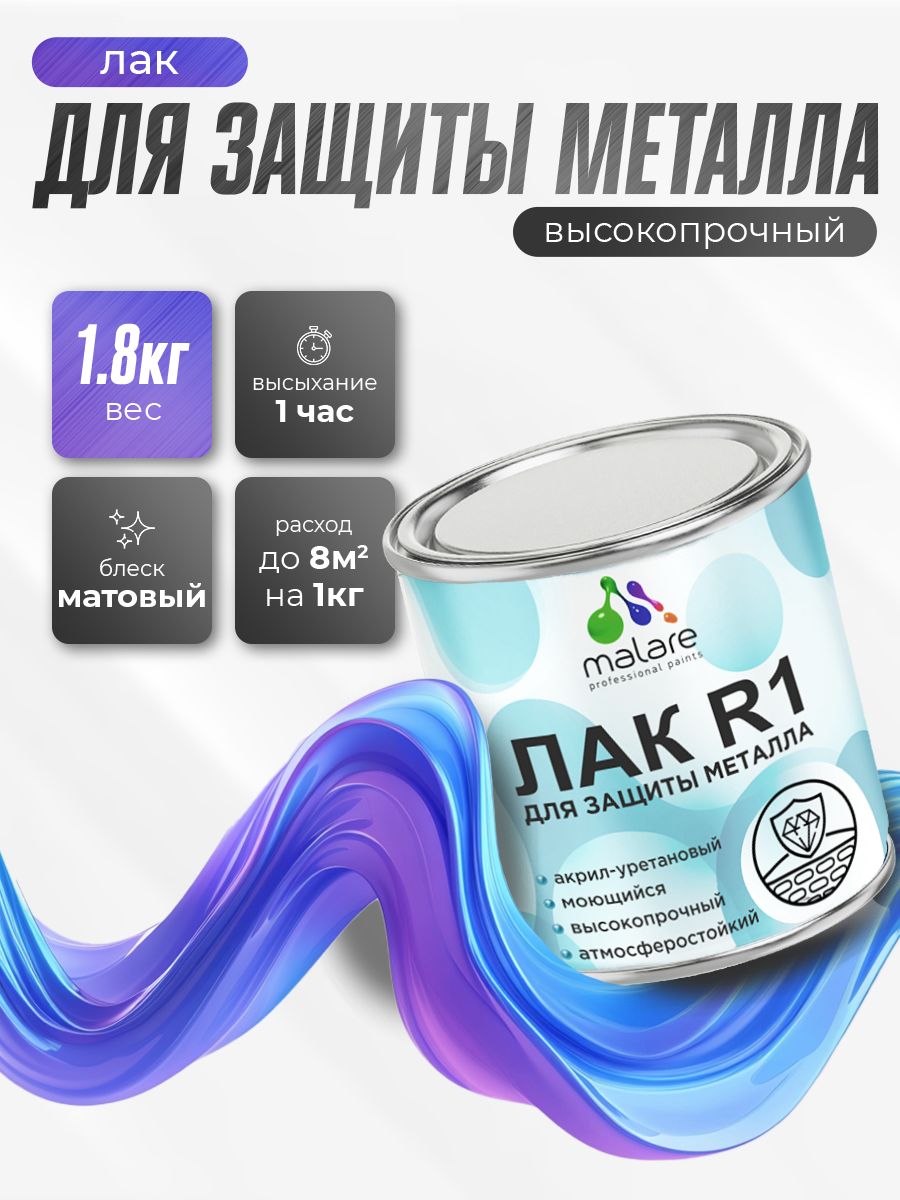 Лак для защиты металла Malare R1 алкидно-уретановый, влагостойкий моющийся быстросохнущий, прозрачный, матовый, 1.8 кг