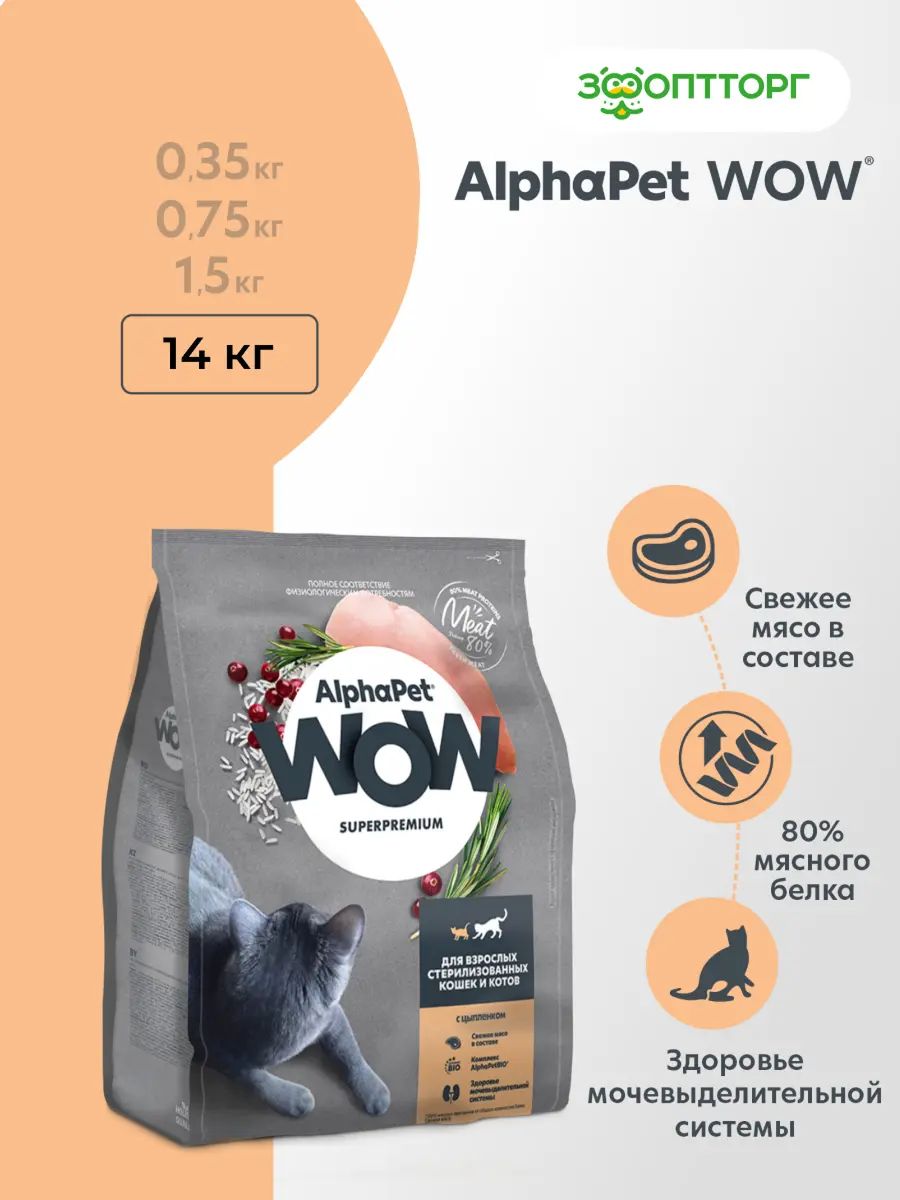 СухойкормAlphaPetWOWSuperpremiumдлявзрослыхстерилизованныхкошекикотов,Цыпленок,14кг