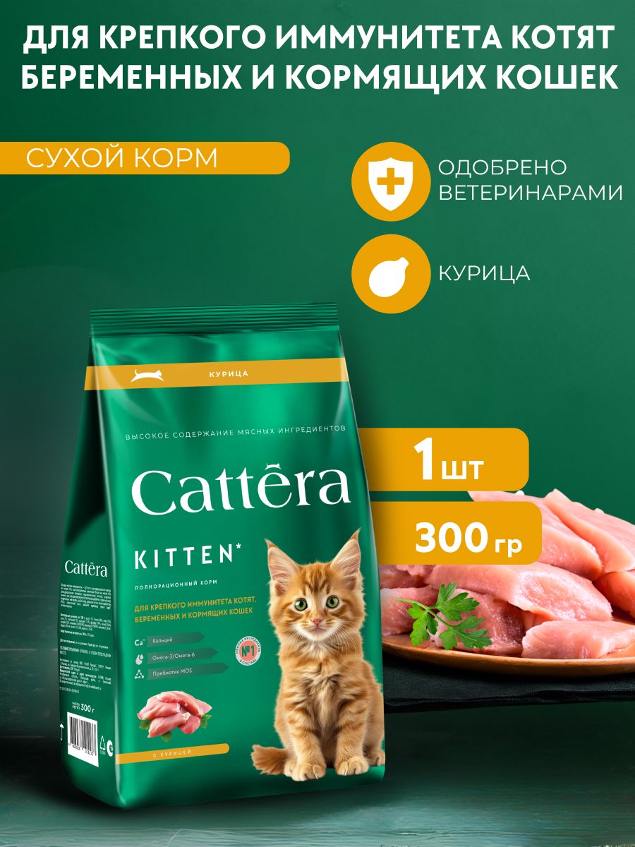 КормдлякошексухойCATTERAполнорационныйдлякотятс1месяца,беременныхикормящихкошекскурицей,300гр,1шт.