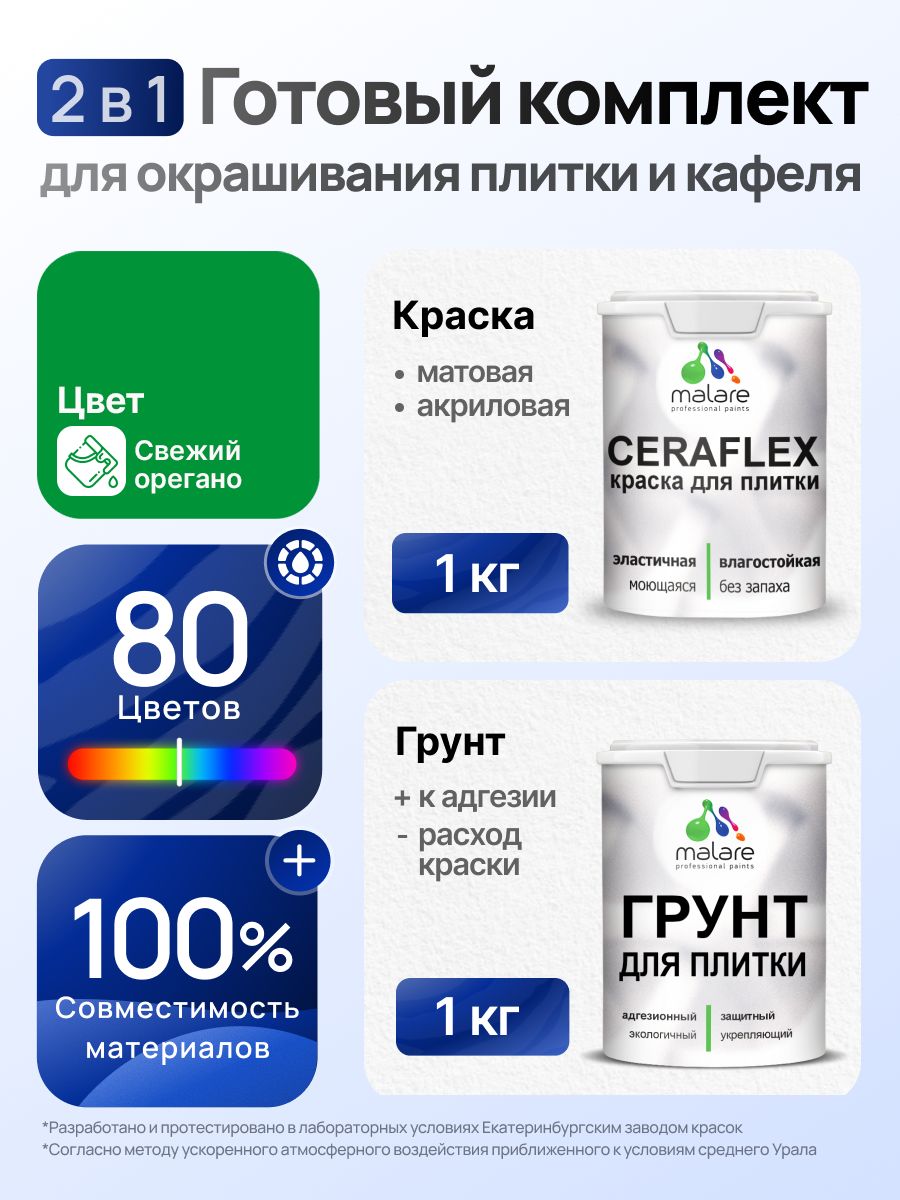 Комплект Malare LIPPO для окрашивания плитки и кафеля (1кг грунт + 1 кг краска), акриловый, без запаха, быстросохнущий, матовый, цвет свежий орегано