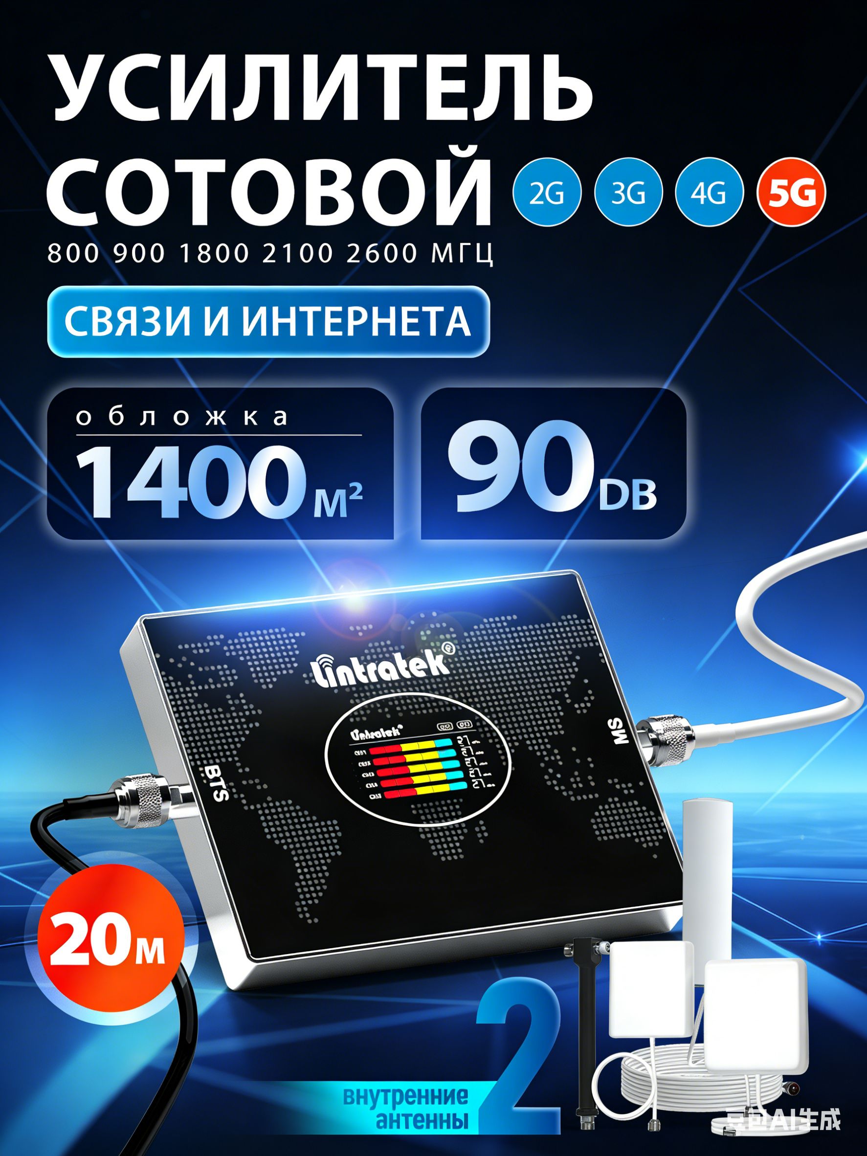 Усилительсотовойсвязииинтернета,РепитерLTE,5G,4G,3G,2G800900180021002600МГц2антенныкабель20мкомплект