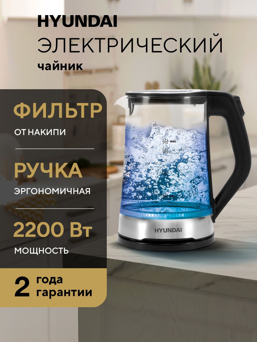 ЧайникэлектрическийHyundaiHYK-G3401черный/серебристый,стекло
