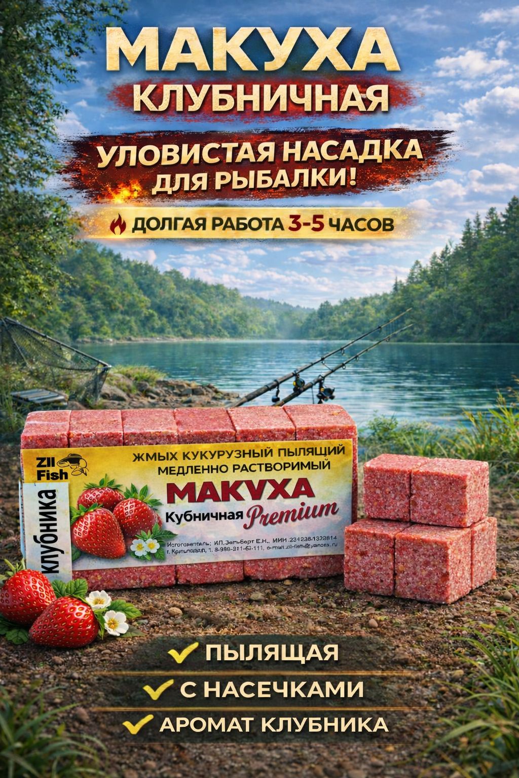 Макухамедоваямедленно-растворимаясотверстиямидлякрючка"Клубника"6кубиков/жмых