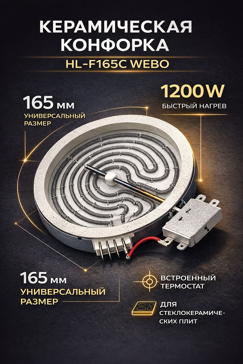 Конфорка для стеклокерамической плиты 165 мм 1200W HL-F165C Webo универсальная, спиральный нагреватель, с термостатом