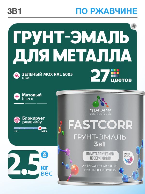 Грунт-эмаль по ржавчине 3 в 1 Malare FastCorr краска для металла, антикоррозионная износостойкая быстросохнущая RAL 6005, зелёный мох, матовая, 2,5 кг.