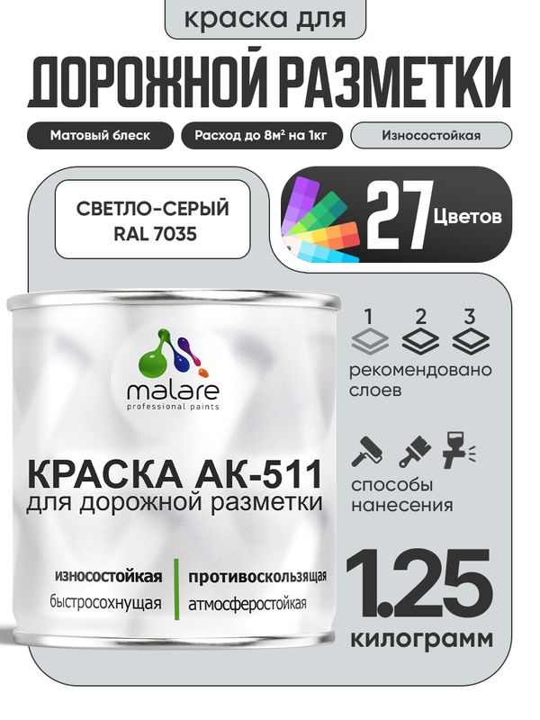 Дорожная краска АК-511 Malare для дорожной разметки, краска для пола по бетону, износостойкая, быстросохнущая, матовая RAL 7035, светло-серый, 1,25 кг