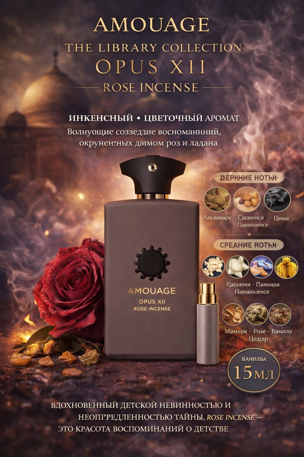 Amouage Opus XII Rose Incense Парфюмерная вода унисекс 15 мл Отливант купить