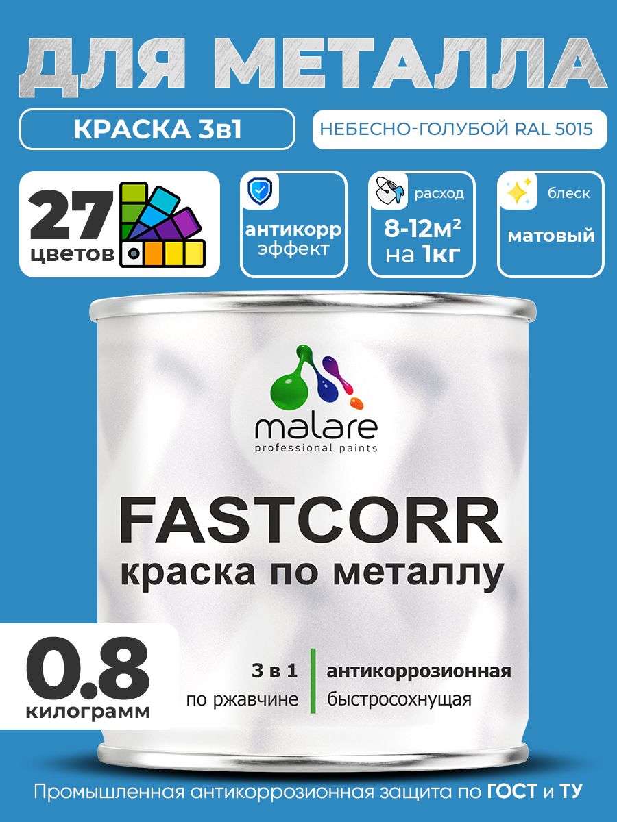 Краска для металла по ржавчине Malare FastCorr, для наружных работ износостойкая, быстросохнущая RAL 5015 небесно-голубой, матовая, 0,8 кг