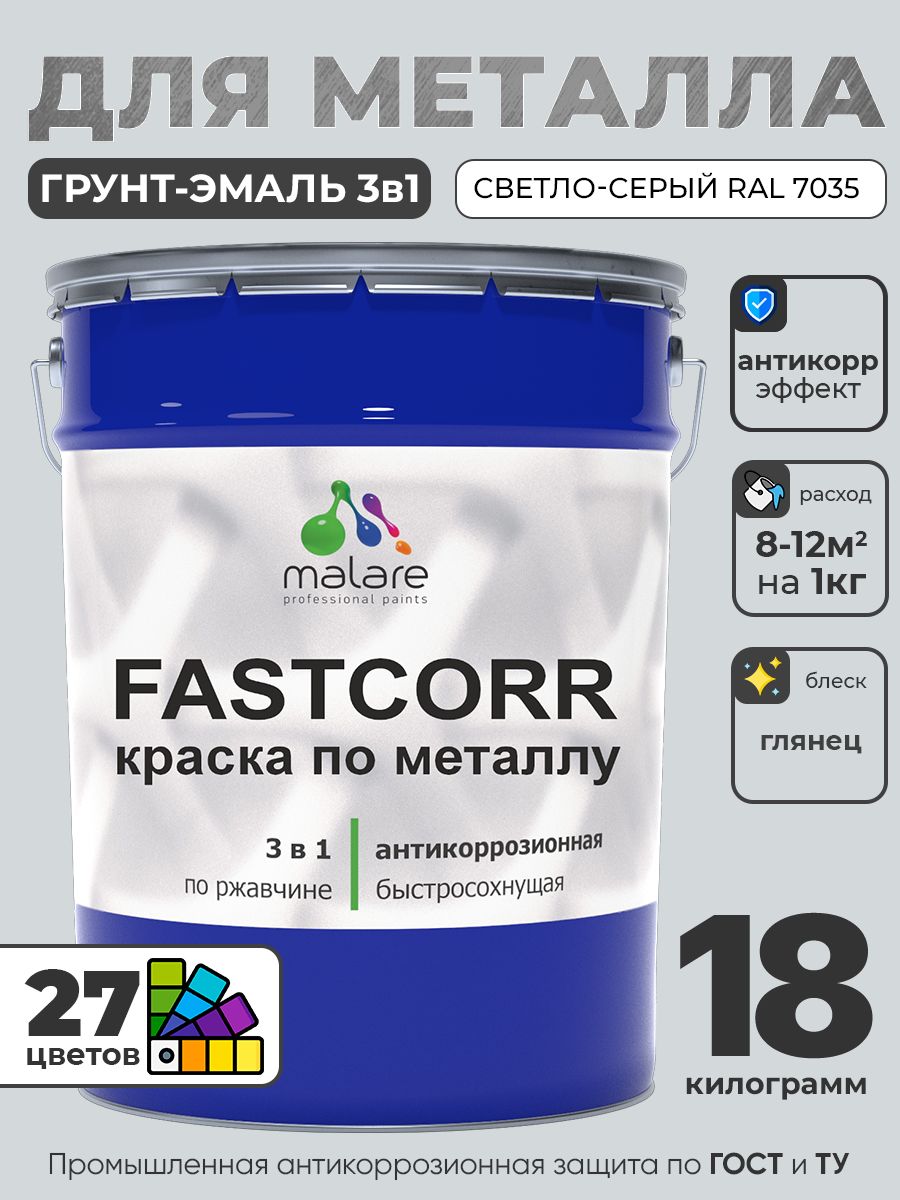 Краска для металла по ржавчине Malare FastCorr, для наружных работ износостойкая, быстросохнущая RAL 7035 светло-серый, глянцевая, 18 кг