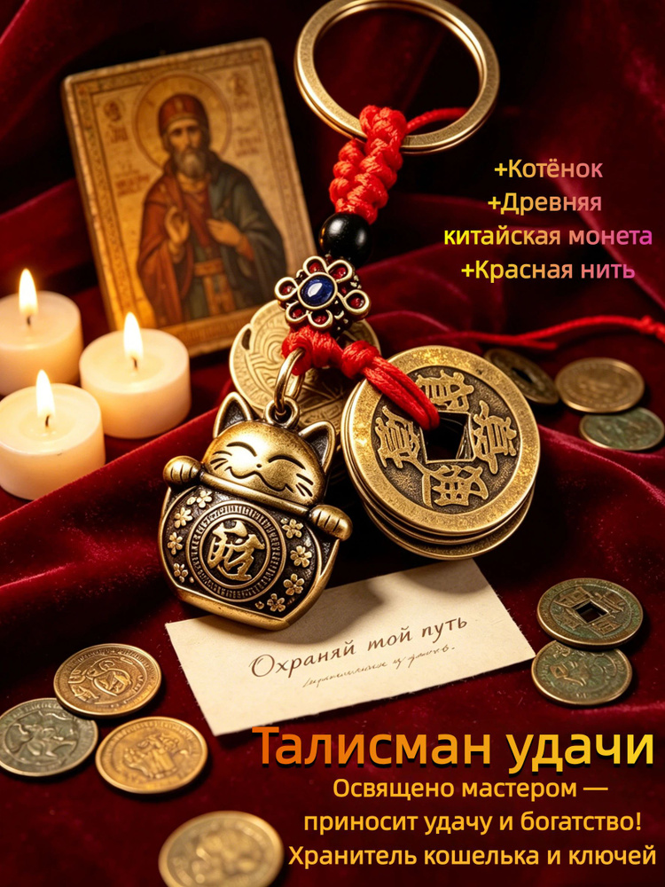 Брелок для ключей и сумки Манэки-нэко талисман на удачу и деньги оберег подарок для женщин #1