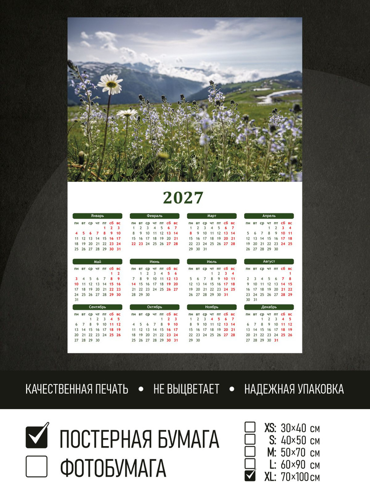 Календарь 2027 на стену Цветы на поле на фоне гор, 70х100 см ПолиЦентр #1