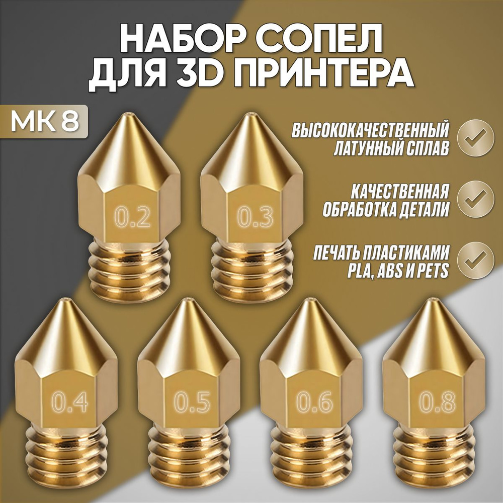 Набор сопла для 3D принтера / 6 шт: 0.2, 0.3, 0.4, 0.5, 0.6, 0.8 мм -  купить с доставкой по выгодным ценам в интернет-магазине OZON (1409169432)