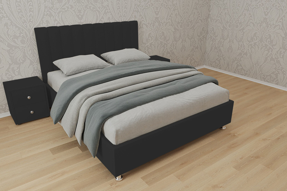 Двуспальная кровать Челси 180x200 основание металлическое с ламелями велюр черный ножки 5 см  #1