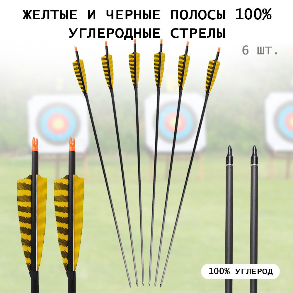 6 штук стрел с настоящими перьями (2 оранжевых, 1 белая) из углеродного ...