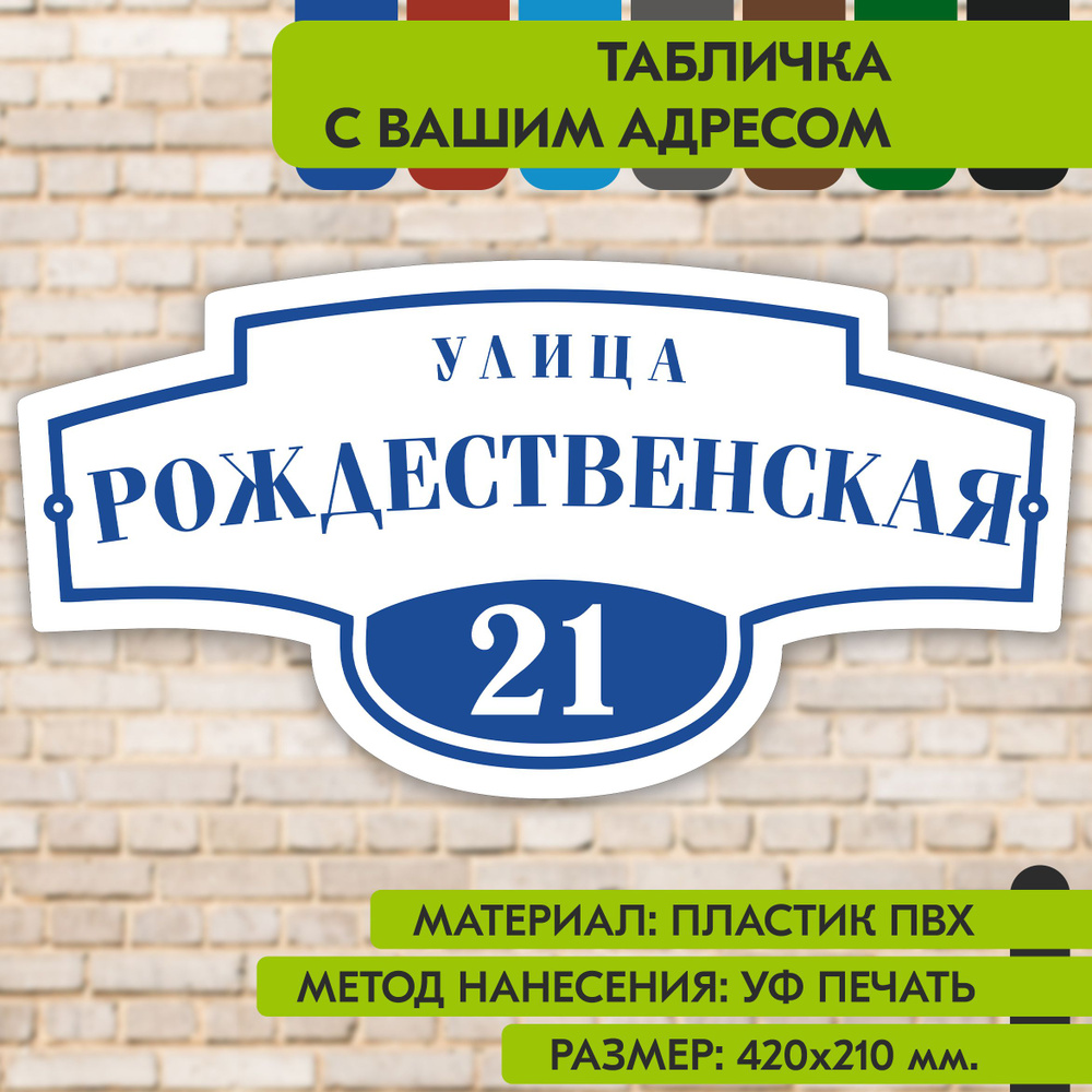 Адресная табличка на дом "Домовой знак" бело-синяя, 420х210 мм., из пластика, УФ печать не выгорает  #1