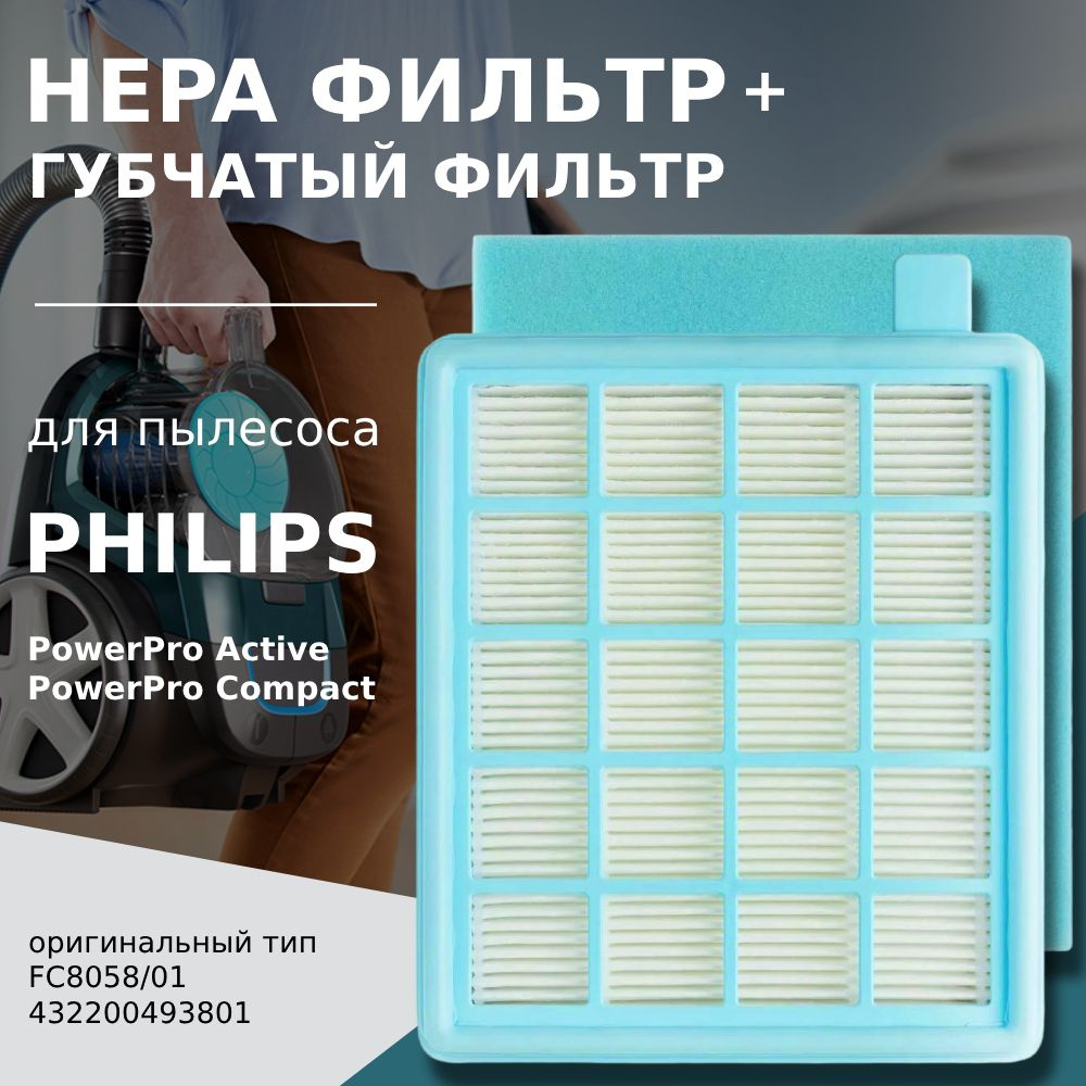 HEPA фильтр + губчатый фильтр для пылесоса Philips тип FC8058/01 серия PowerPro Active FC8630-8649, FC9520-9529, #1