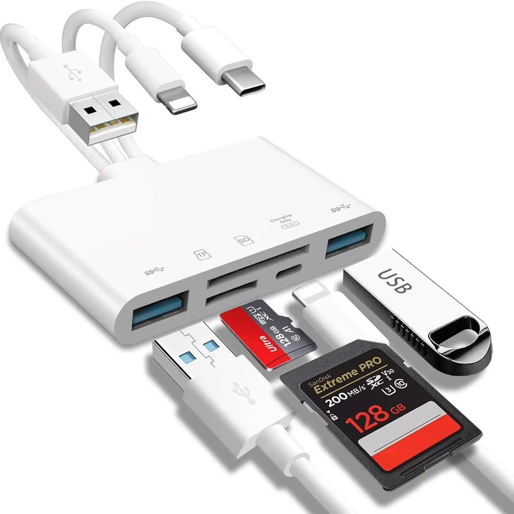 5-в-1 Устройство для чтения карт памяти USB OTG адаптер Слоты карт Reader  для iPhone/iPad - купить с доставкой по выгодным ценам в интернет-магазине  OZON (1535892840)