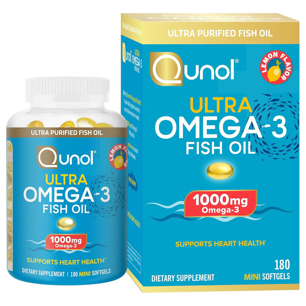 Рыбий жир Омега 3 1000мг со вкусом лимона, Omega 3 Mini Softgels, Qunol ...
