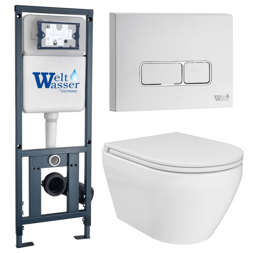 Комплект: Weltwasser Инсталляция Mar 410+Кнопка Mar 410 SE GL-WT белая+Mare JK2081058 белый унитаз  #1