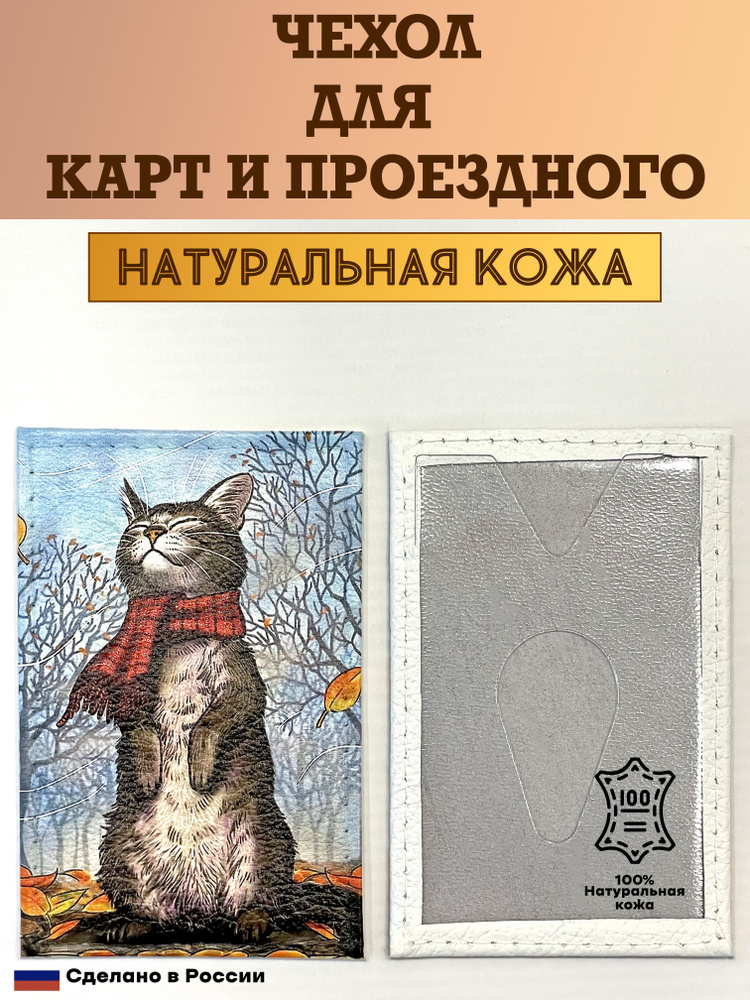 Чехол, картхолдер, обложка, футляр для проездного и карт. Кот в шарфе. Натуральная кожа. Пр-во Россия. #1