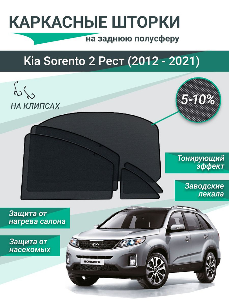 Каркасные шторки для Kia Sorento 2 Рест (2012 - 2021) на фиксаторах, сетки на все задние стекла  #1