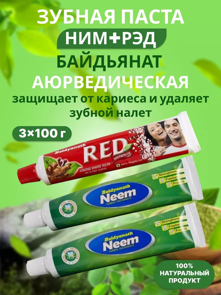 Зубная паста для защиты десен и зубов аюрведическая Ред + Ним / Baidyanath Индия 3 х 100 (3 туба)  #1